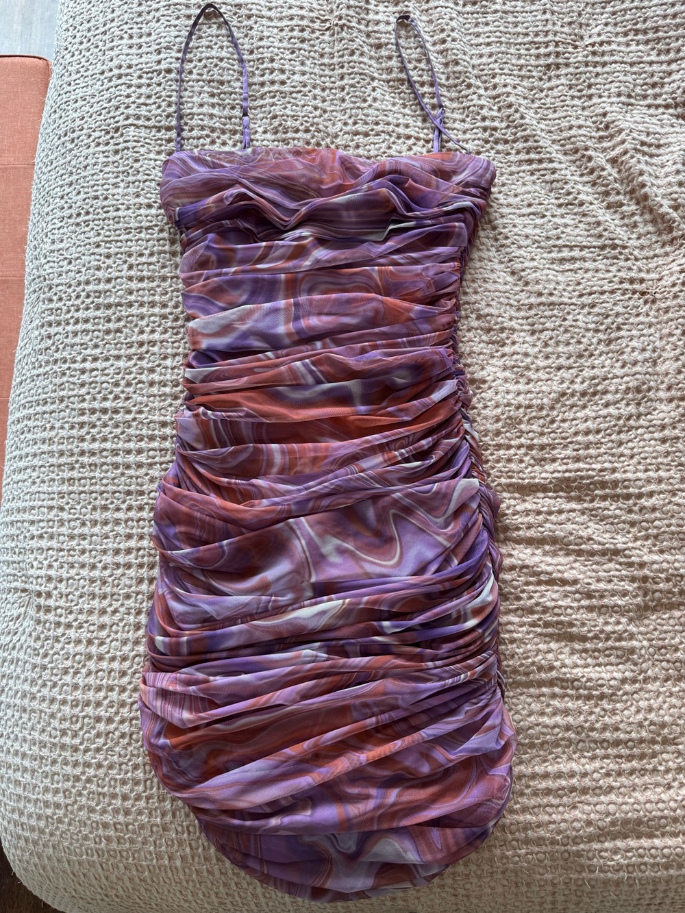 House of CB Ruched Purple Marble Slip Dress with Spaghetti Straps